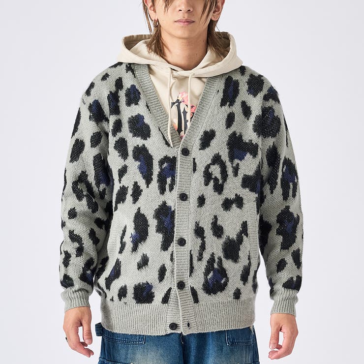 22グレー/レオパード | モヘアタッチ総柄カーディガン | REGIEVO