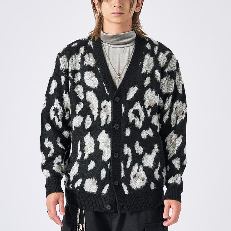 23ブラック/レオパード | モヘアタッチ総柄カーディガン | REGIEVO