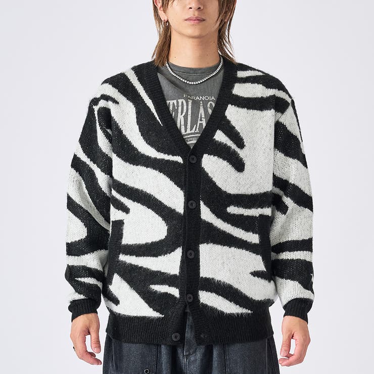 28ブラック/ゼブラ | モヘアタッチ総柄カーディガン | REGIEVO