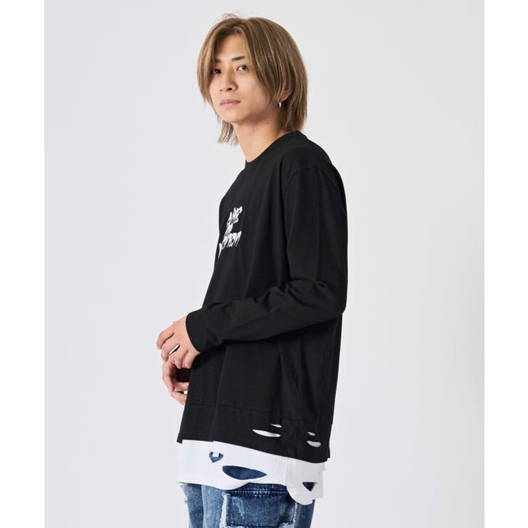 ロンT メンズ フェイクレイヤード 長袖Tシャツ ストリート系 オーバー