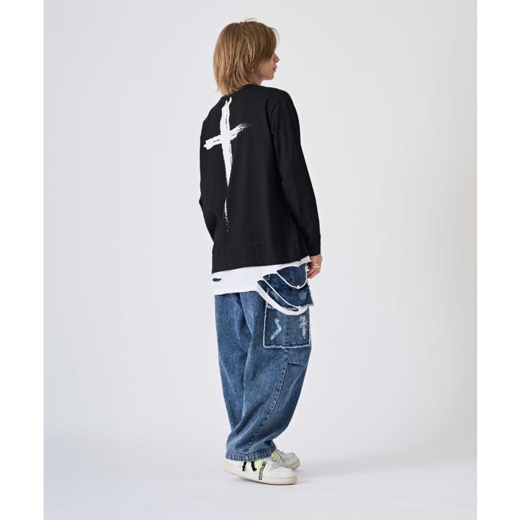 ロンT メンズ フェイクレイヤード 長袖Tシャツ ストリート系 オーバー