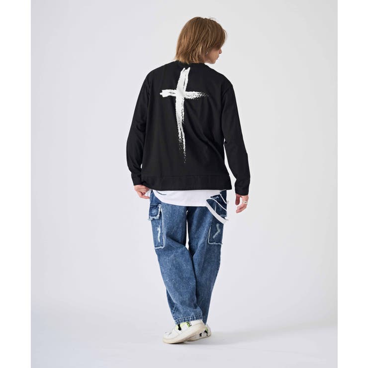 ロンT メンズ フェイクレイヤード 長袖Tシャツ ストリート系 オーバー