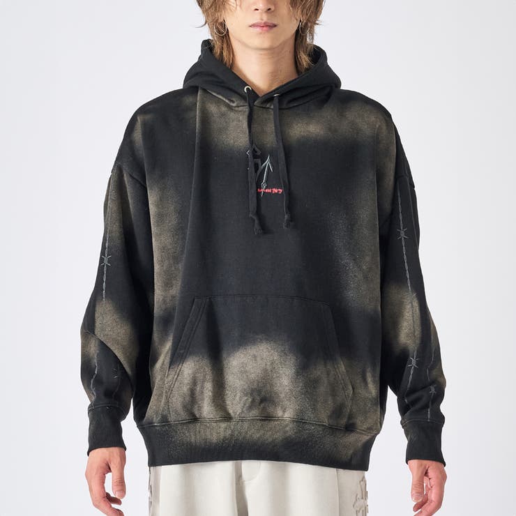 2ブラック | メンズ パーカー 裏起毛 スプレー加工 ストリート系 オーバーサイズ | REGIEVO