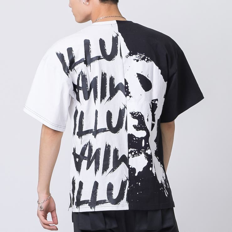 WHT×BLK(P=PURPLE）】配色切替 バックプリント 半袖 Tシャツ