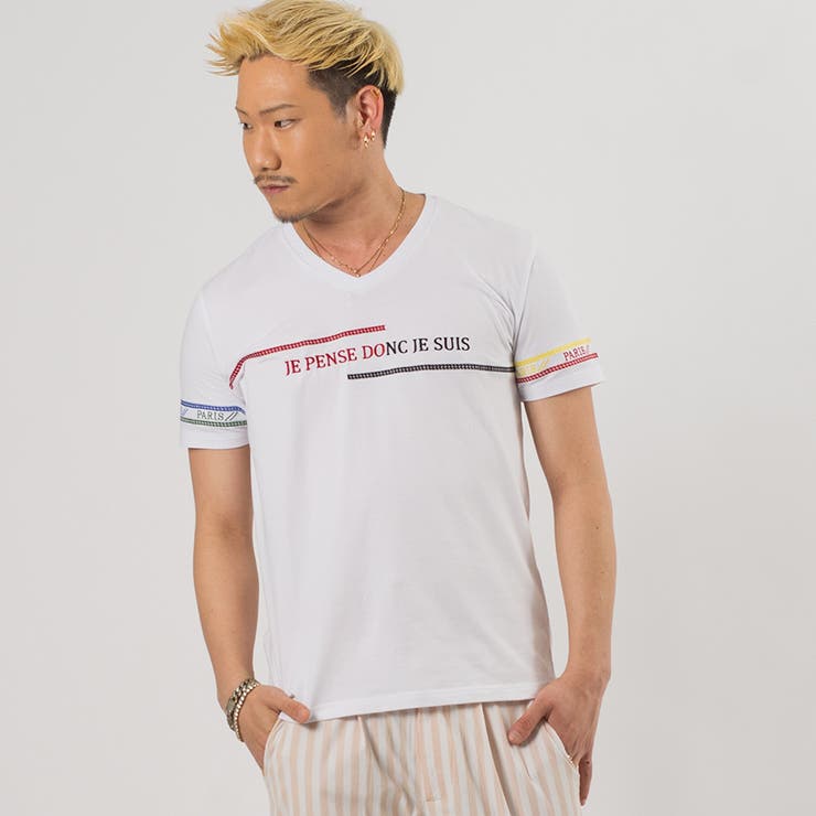 WHITE | レインボー刺繍VネックTシャツ | REGIEVO