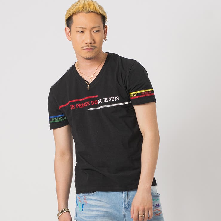BLACK | レインボー刺繍VネックTシャツ | REGIEVO