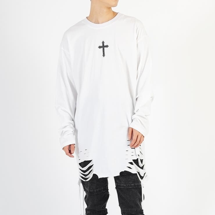 ホワイト(cross) | ロンT メンズ 長袖Tシャツ グランジ加工 モード ストリート | REGIEVO