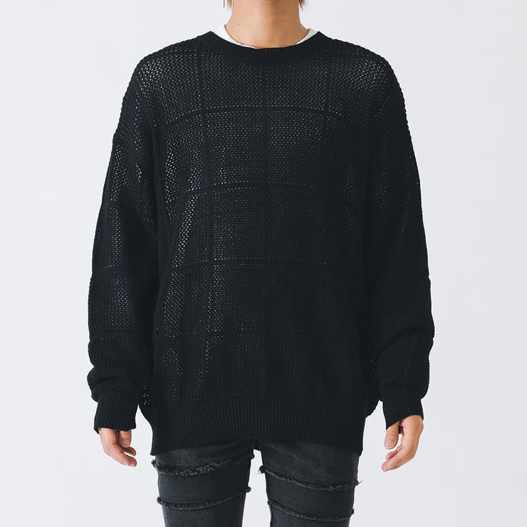 ブラック | メッシュクルーネックニット | REGIEVO