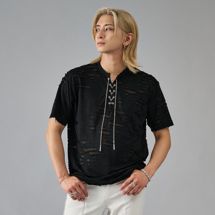 3ブラック | チェーンレースアップTシャツ | REGIEVO