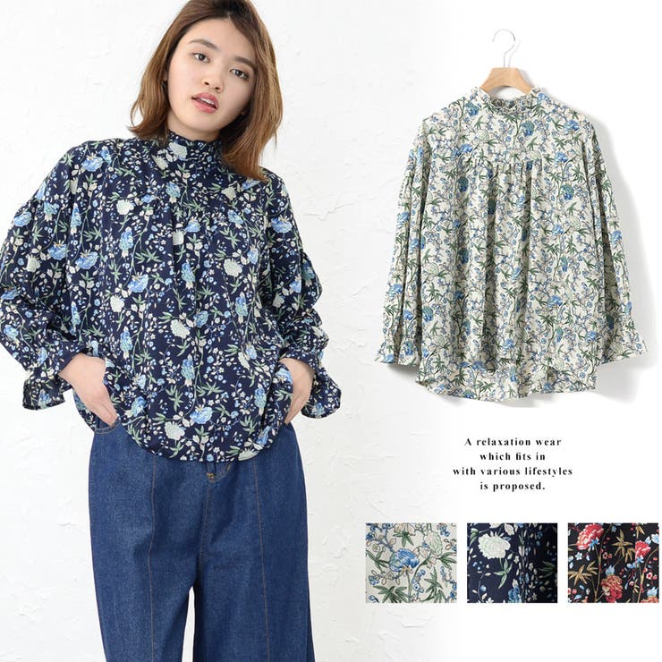 45R スタンドカラー花柄シャツ tx-eb-10502.jpg