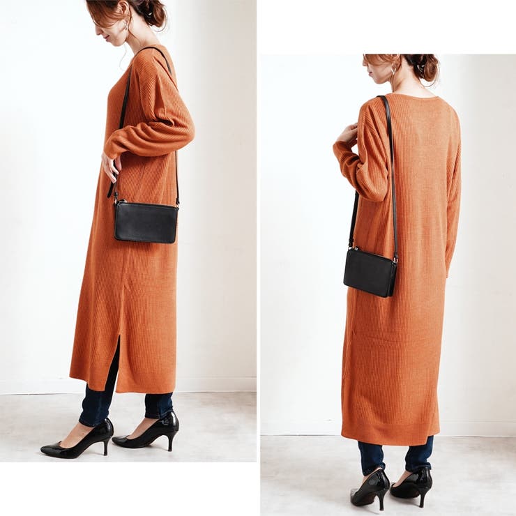 ワンピース長袖ニットワンピカシミヤタッチリブVネックロング