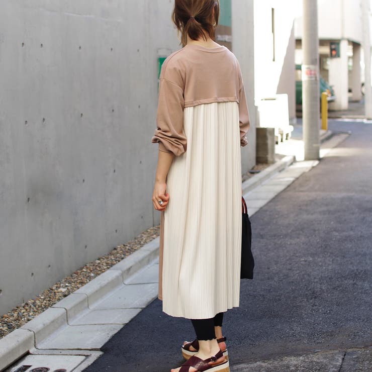 ワンピース長袖春ゆったり体型カバーロングバックプリーツバイカラーバックシャンカジ… | LAPULE  | 詳細画像12 