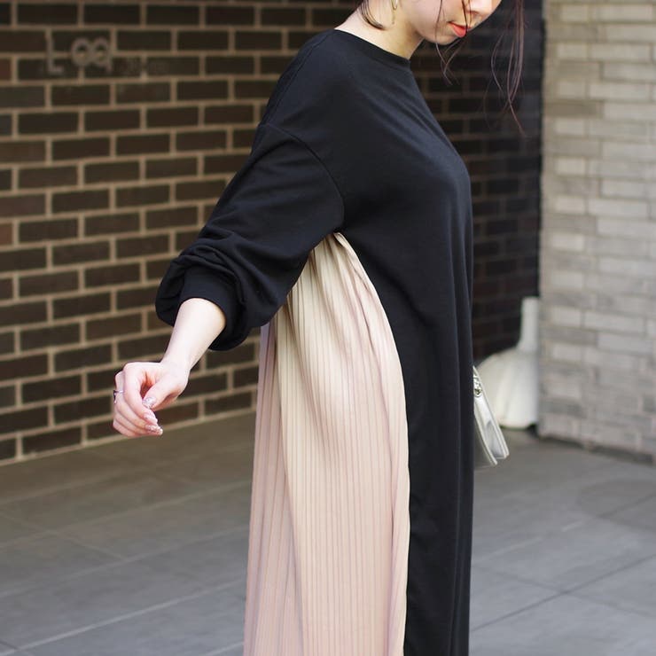 ワンピース長袖春ゆったり体型カバーロングバックプリーツバイカラーバックシャンカジ… | LAPULE  | 詳細画像19 