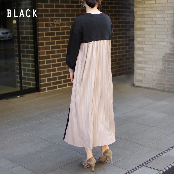 ワンピース長袖春ゆったり体型カバーロングバックプリーツバイカラーバックシャンカジ… | LAPULE  | 詳細画像3 