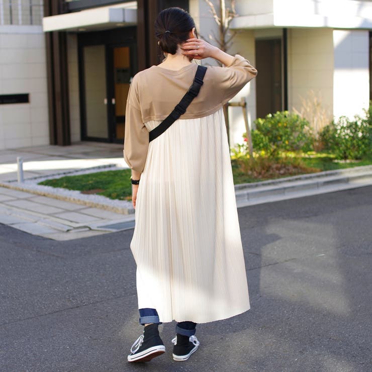 ワンピース長袖春ゆったり体型カバーロングバックプリーツバイカラーバックシャンカジ… | LAPULE  | 詳細画像8 