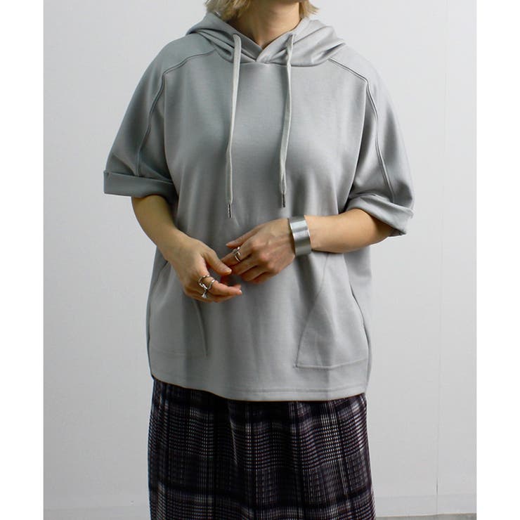 トップスダンボール素材パーカー半袖前後差40代ゆったり大きめ体型カバーシンプル韓… | LAPULE  | 詳細画像11 