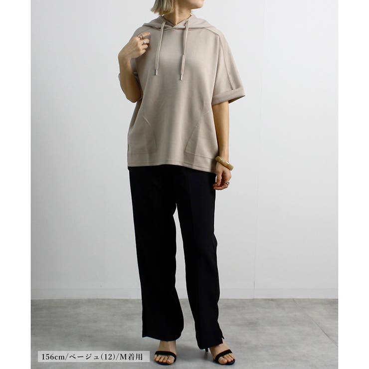 トップスダンボール素材パーカー半袖前後差40代ゆったり大きめ体型カバーシンプル韓… | LAPULE  | 詳細画像13 