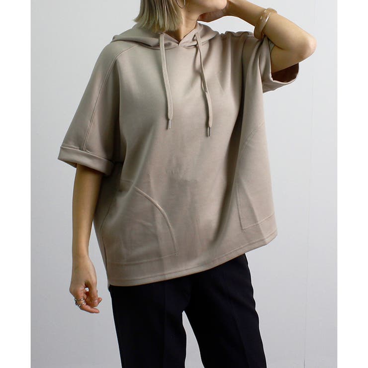 トップスダンボール素材パーカー半袖前後差40代ゆったり大きめ体型カバーシンプル韓… | LAPULE  | 詳細画像14 