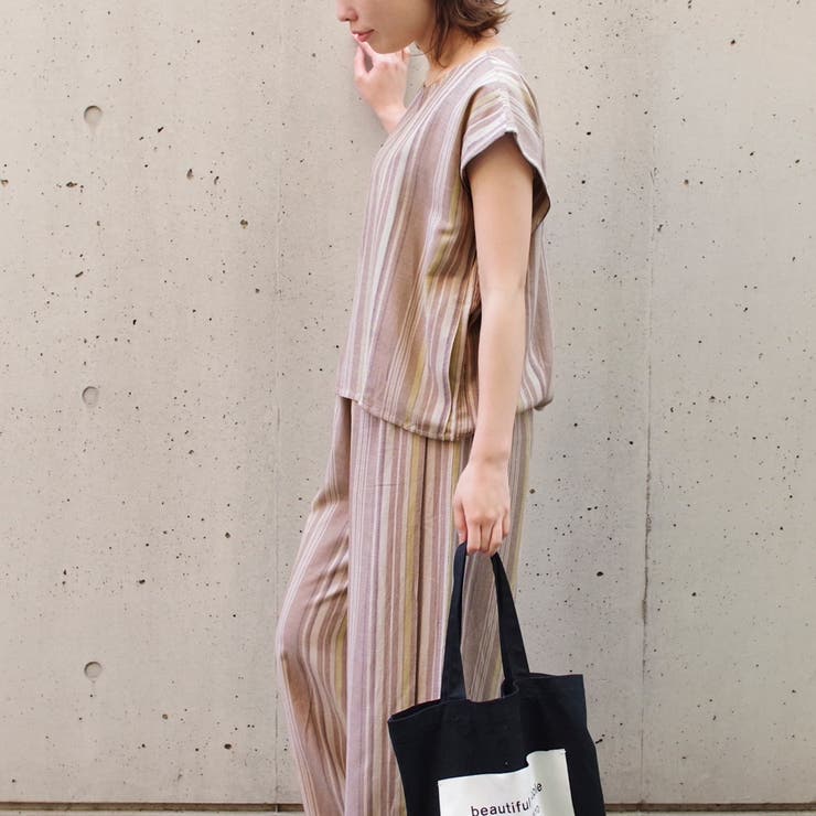 セットアップカジュアル半袖ファッションゆる着ゆったり体型カバー麻ワイドパンツスト… | LAPULE  | 詳細画像12 