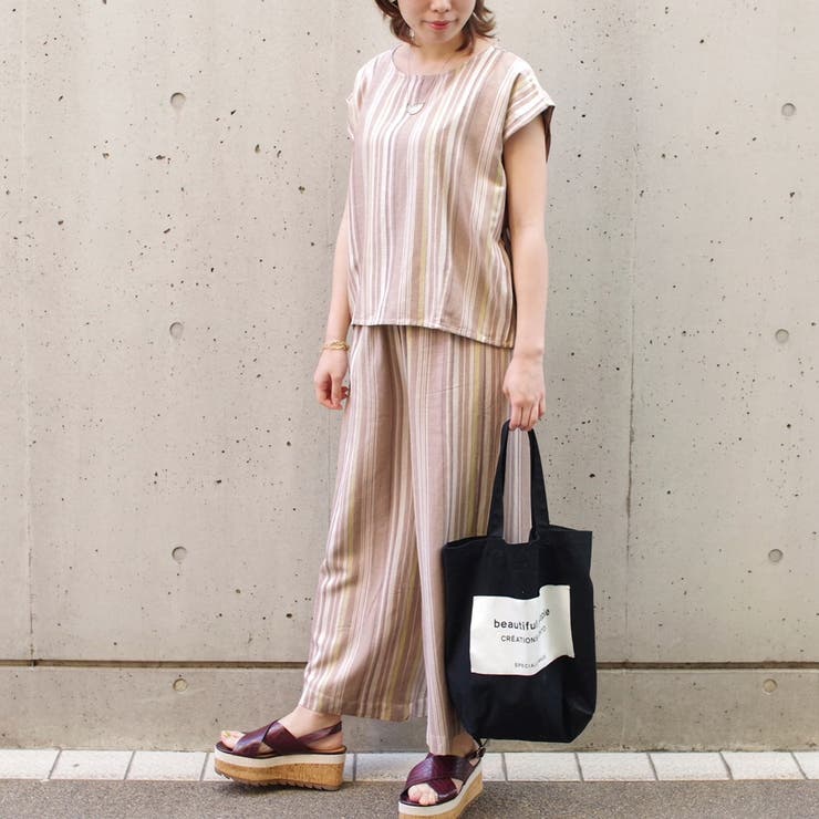 セットアップカジュアル半袖ファッションゆる着ゆったり体型カバー麻ワイドパンツスト… | LAPULE  | 詳細画像20 