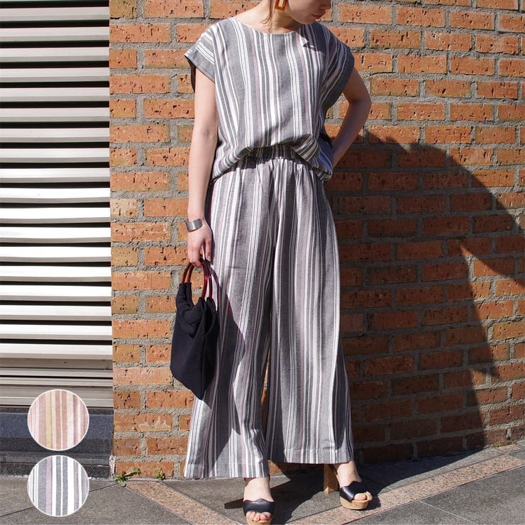 セットアップカジュアル半袖ファッションゆる着ゆったり体型カバー麻ワイドパンツスト… | LAPULE  | 詳細画像1 