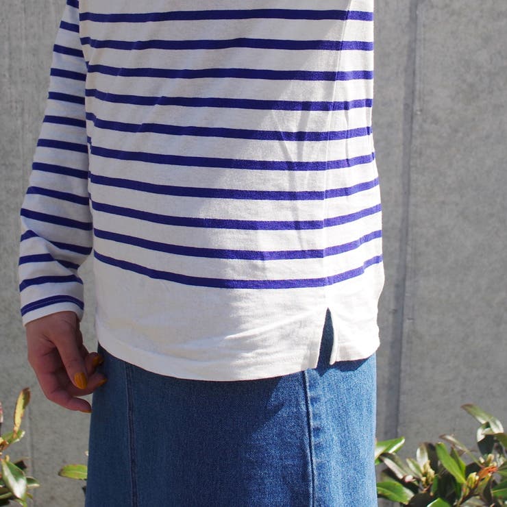 ずんだ色のパネルボーダー レディース カットソー ロンT バスクT