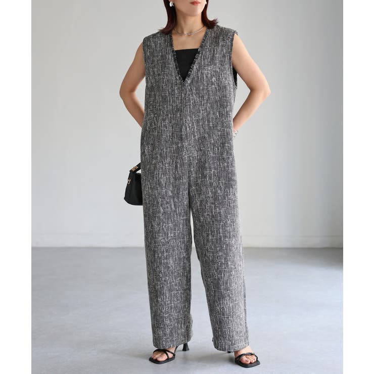 ブラック | 深Vネックツイードサロペット | Riberry