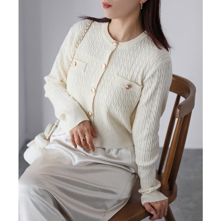 金ボタンケーブルニットカーディガン[品番：RBRW0000048