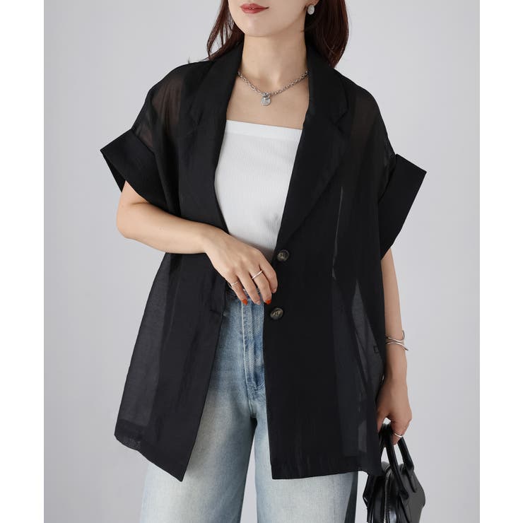 ブラック | シアー半袖シャツジャケット | Riberry