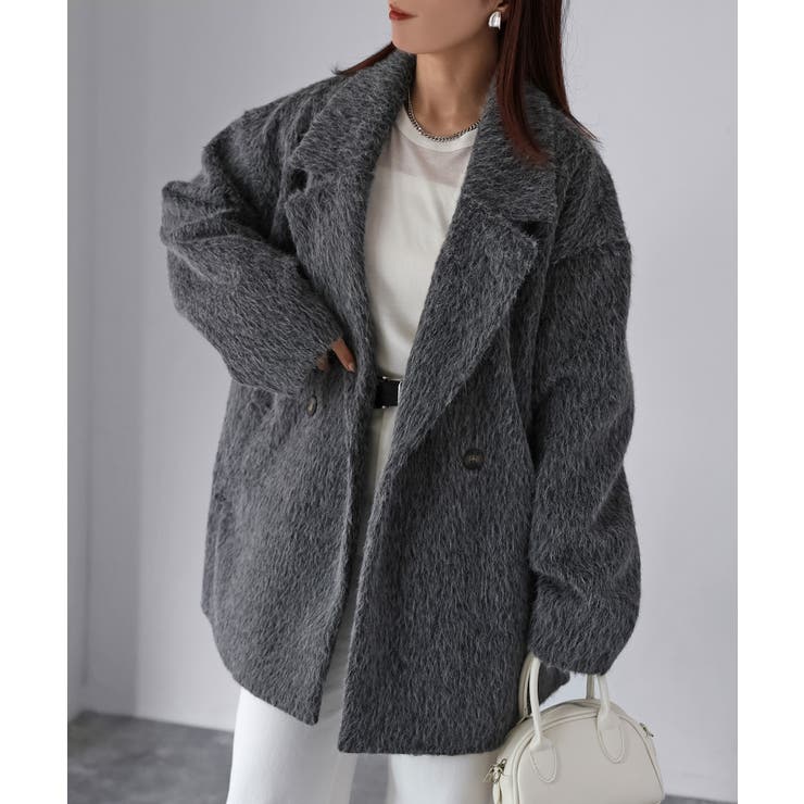 チャコールグレー | ミドル丈シャギーダブルジャケットコート | Riberry