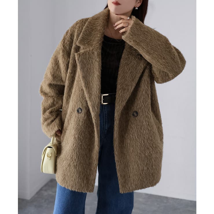 キャメル | ミドル丈シャギーダブルジャケットコート | Riberry