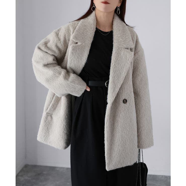 グレイッシュベージュ | ミドル丈シャギーダブルジャケットコート | Riberry