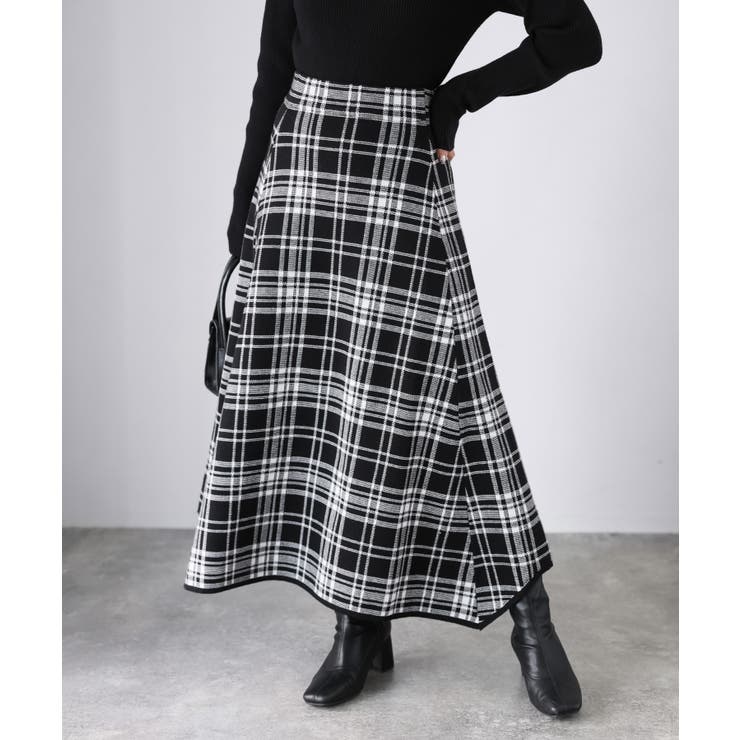 ブラック | チェック柄ジャガードニットフレアスカート | Riberry