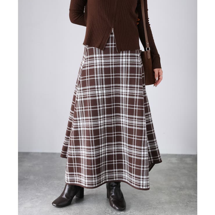 ブラウン | チェック柄ジャガードニットフレアスカート | Riberry