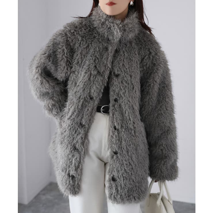 グレー | ミドル丈フェイクファーAラインコート | Riberry