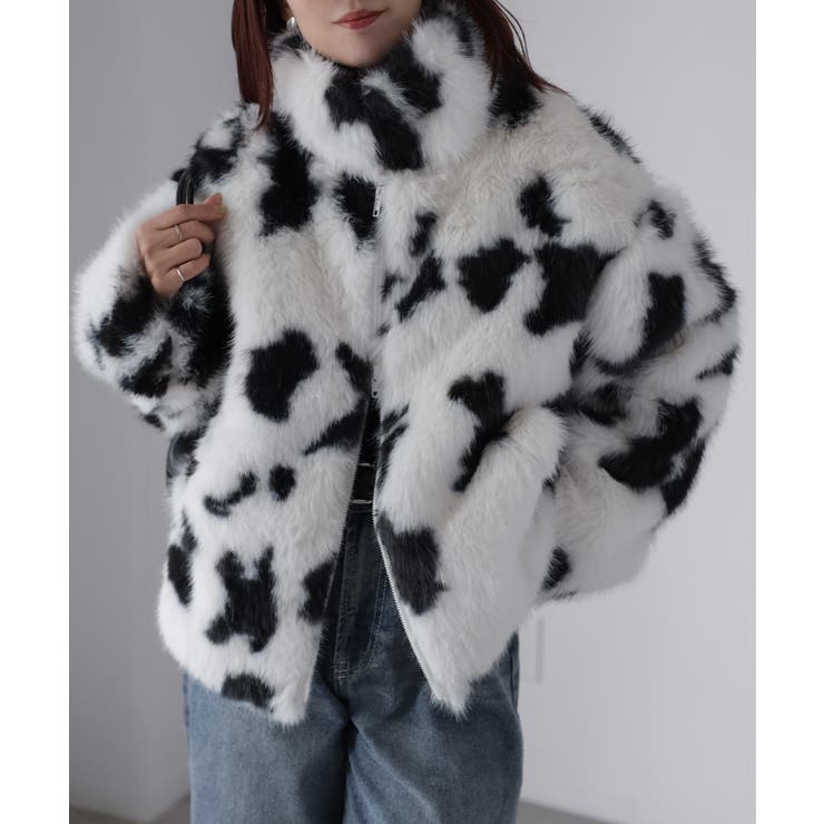 スタンドネックカウ柄ファーブルゾン | Riberry | 詳細画像12 