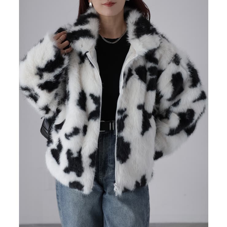 スタンドネックカウ柄ファーブルゾン | Riberry | 詳細画像14 