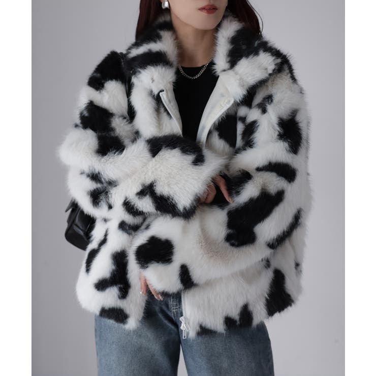 スタンドネックカウ柄ファーブルゾン | Riberry | 詳細画像15 