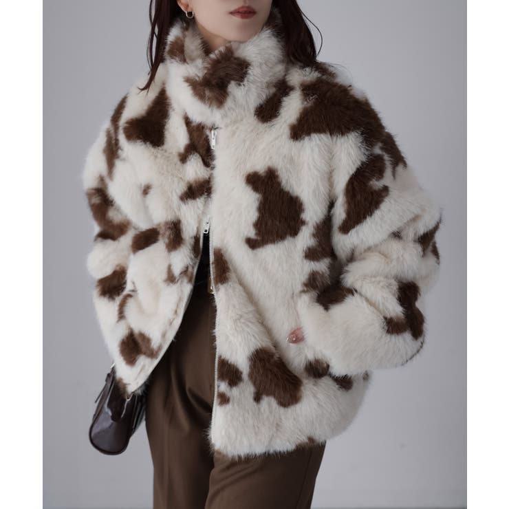 スタンドネックカウ柄ファーブルゾン | Riberry | 詳細画像2 