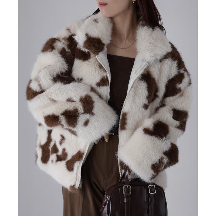 スタンドネックカウ柄ファーブルゾン | Riberry | 詳細画像5 