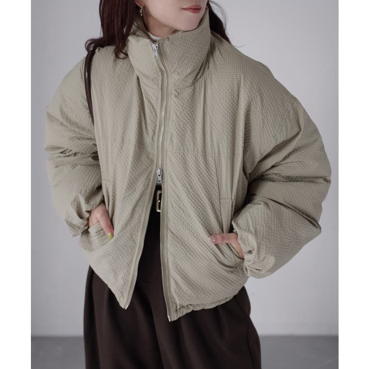 ベージュ | チェックサッカースタンドカラーショートダウン | Riberry