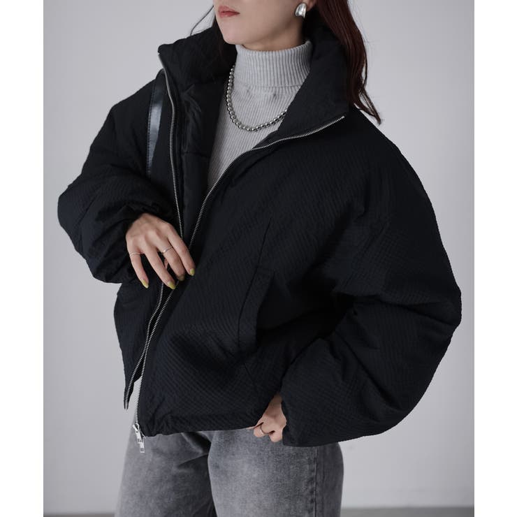 ブラック | チェックサッカースタンドカラーショートダウン | Riberry