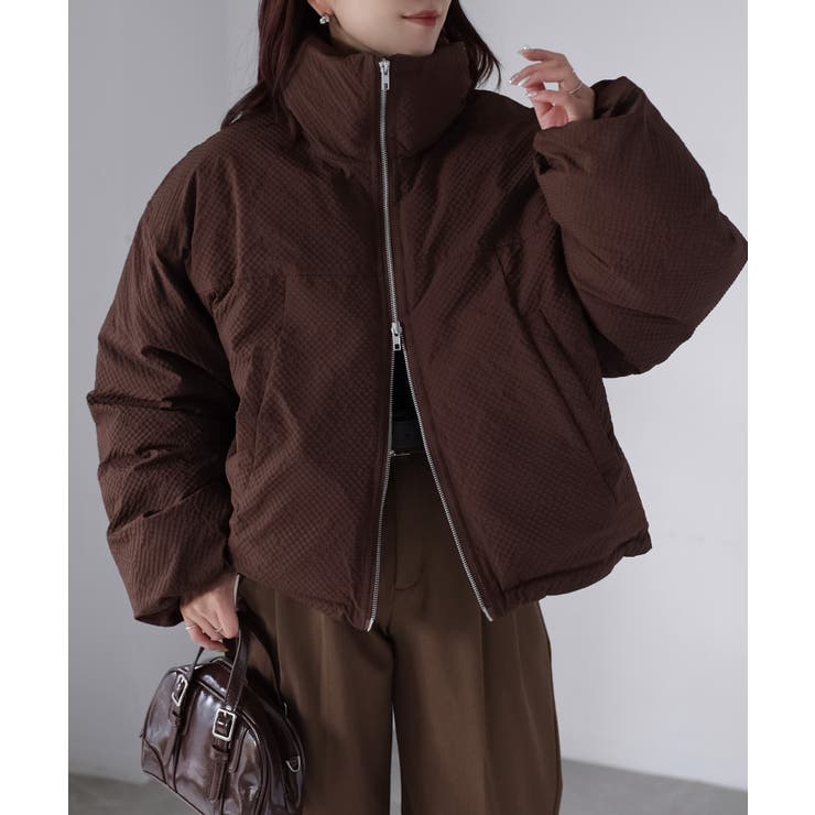 ブラウン | チェックサッカースタンドカラーショートダウン | Riberry