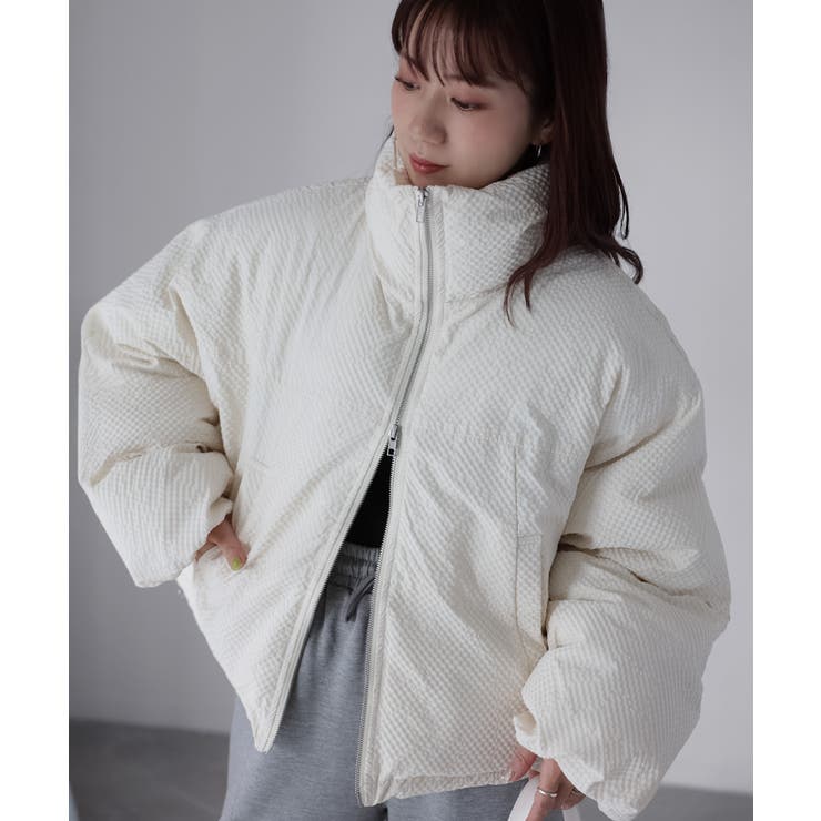 アイボリー | チェックサッカースタンドカラーショートダウン | Riberry