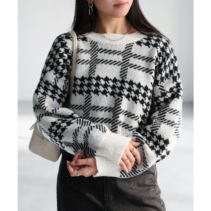 千鳥柄チェックジャガードニット[品番：RBRW0000080]｜Riberry