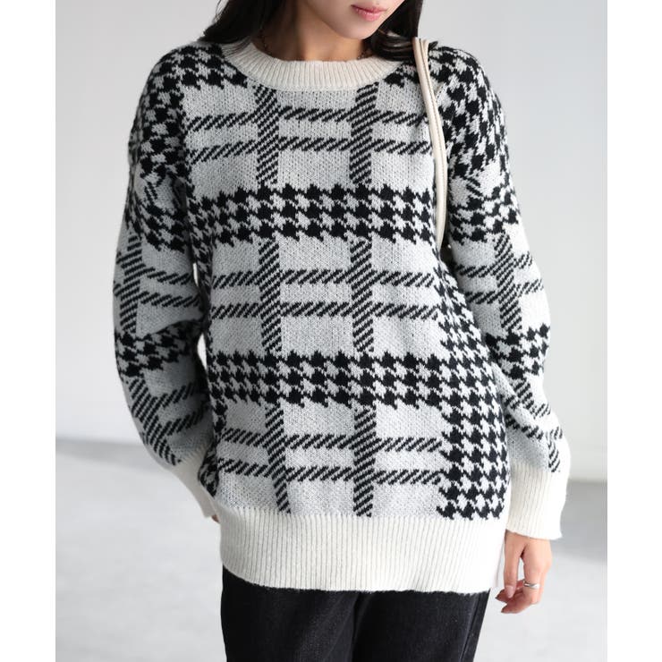 千鳥柄チェックジャガードニット[品番：RBRW0000080]｜Riberry