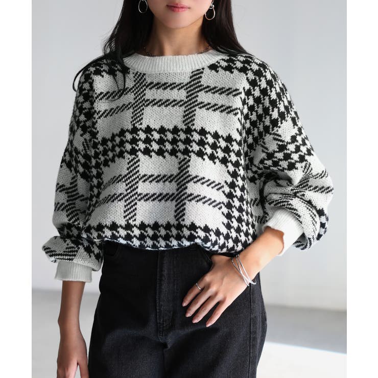 千鳥柄チェックジャガードニット[品番：RBRW0000080]｜Riberry