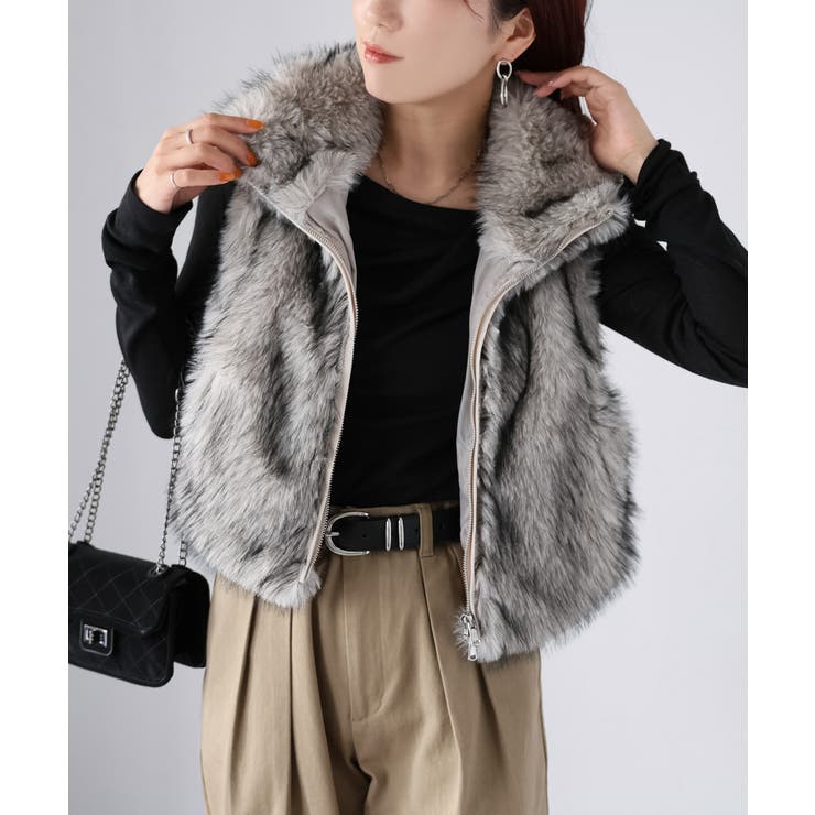 ショート丈スタンドカラーファーベスト[品番：RBRW0000054]｜Riberry