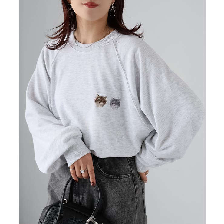 ネコ刺繍ラグランオーバーサイズ薄手スウェット | Riberry | 詳細画像1 