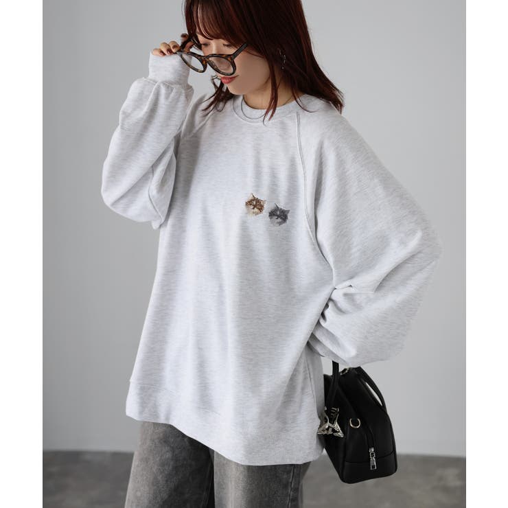 ネコ刺繍ラグランオーバーサイズ薄手スウェット | Riberry | 詳細画像10 